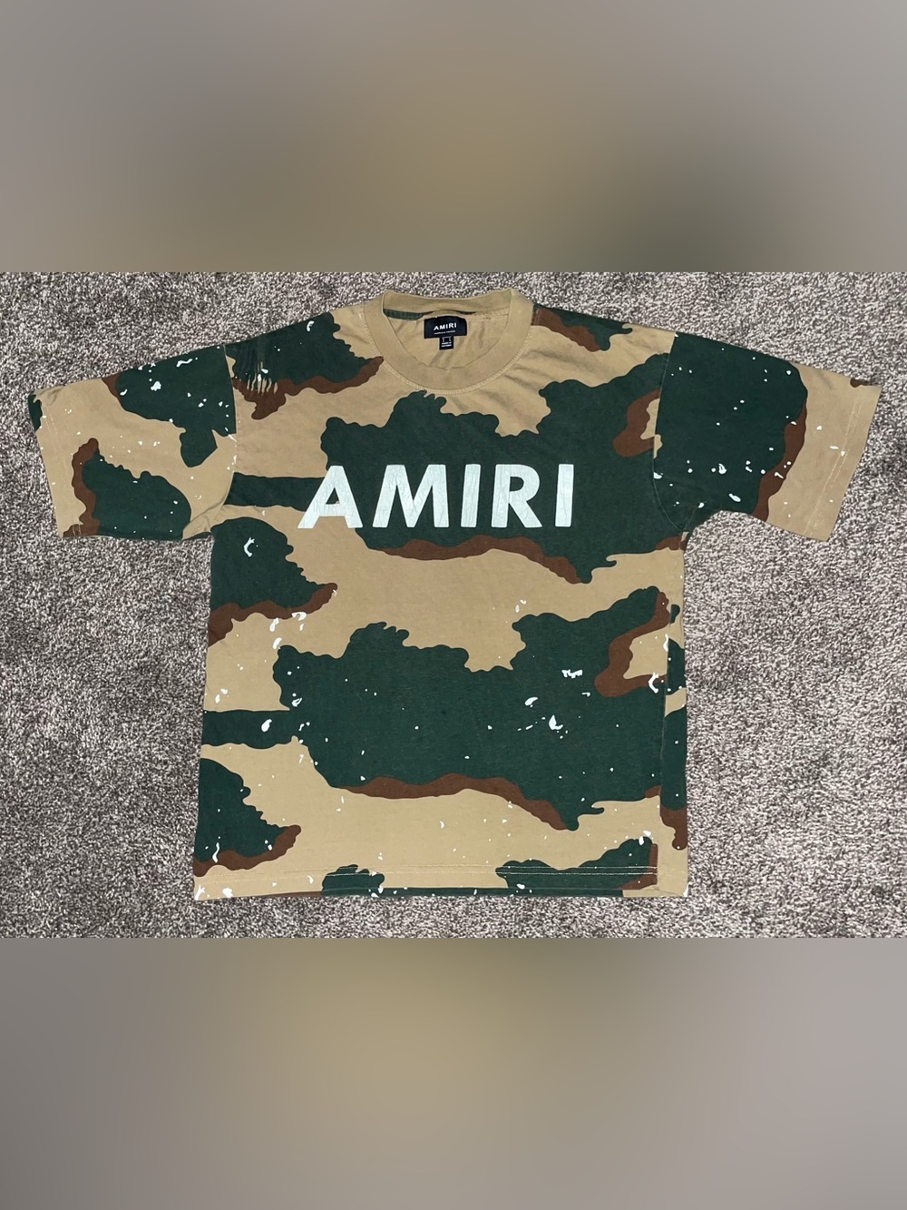 AMIRI Camo Logo Tee in Green/Khaki/Brown With White Paint Splatter Accents